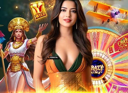 Artwork from Krikya's First-Time Deposit Bonus card, 14/10/2026 Krikya First-Time Deposit Bonus artwork: a woman in green and orange with slot symbols